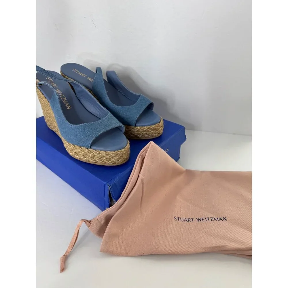 Stuart Weitzman Island Espadrille Wedge Sandal Peep Toe Jute & Denim Size 11 - Picture 2 of 9